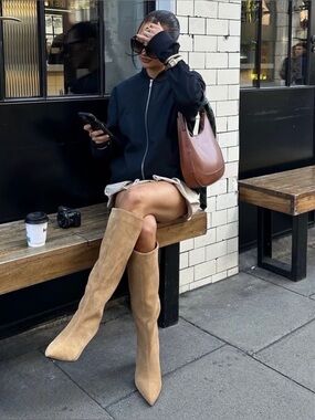 Zara Knee-High Suede Pointed Toe Gathered Boots - Tan 6.5